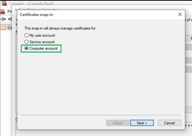 Local computer account management for SSL certificate