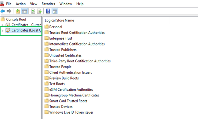 Local computer certificate folder expansion in MMC