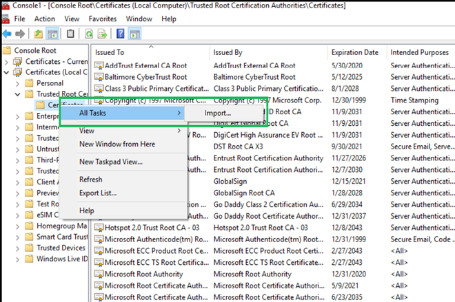 Certificate Import on Trusted Root Certification Authority