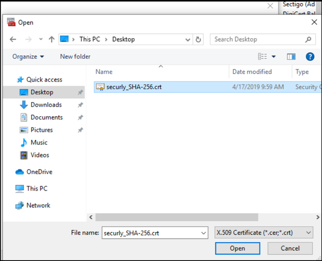 Selection of SSL certificate file for import to Windows