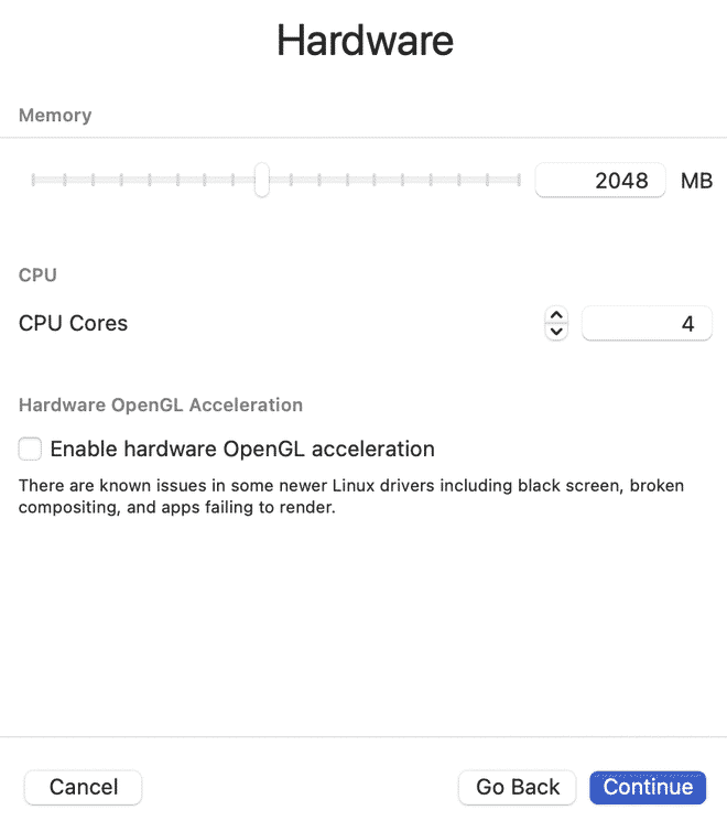 Allocazione di CPU e RAM per la macchina virtuale Linux su Mac