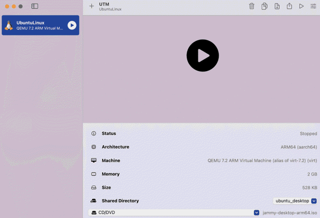 Avvio della macchina virtuale Linux su UTM tramite pulsante Play