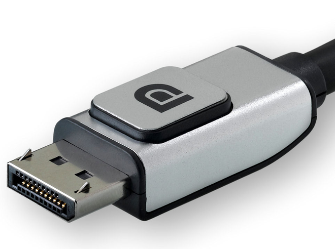 Connettore DisplayPort con la linguetta di aggancio accanto alla porta di una scheda video