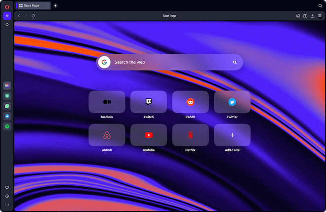 Schermata iniziale del browser web Opera con barra laterale attiva