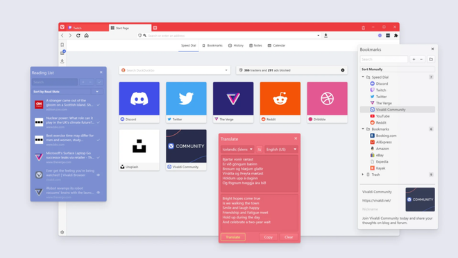 Esempio di interfaccia utente avanzata e schede raggruppate nel browser Vivaldi