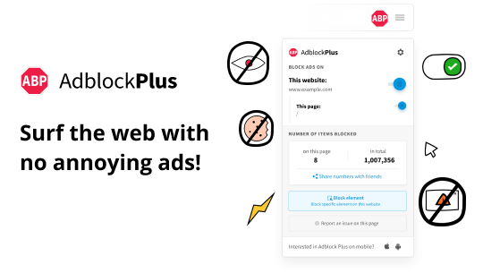 Pannello di opzioni e statistiche dell’estensione AdBlock Plus