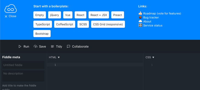 Esempio pratico della dashboard a quattro sezioni dell’ambiente JSFiddle
