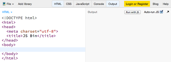 Schermata dell’ambiente di lavoro di JSBin con output JavaScript