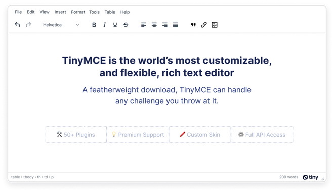 TinyMCE Text Editor Bildschirm mit erweiterten HTML Formatierungsoptionen