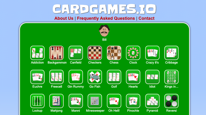 Interface Cardgames.io avec la sélection de jeux de cartes et de tables classiques