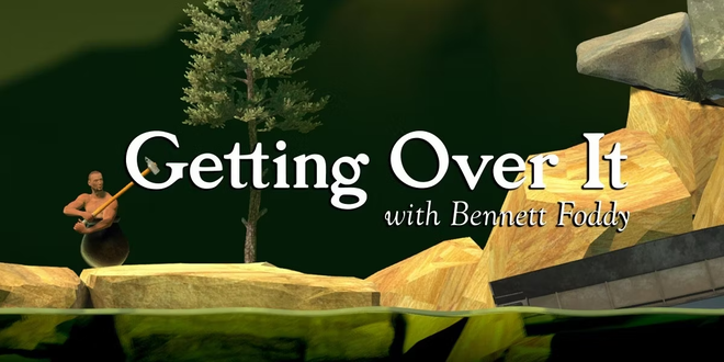 Capture d’écran du gameplay de Getting Over It avec Bennett Foddy, un célèbre jeu frustrant dans lequel un homme balance une montagne en utilisant un marteau