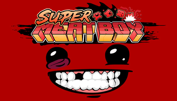 Le personnage emblématique de Super Meat Boy tout en effectuant un saut parfait pour éviter les scies circulaires mortelles