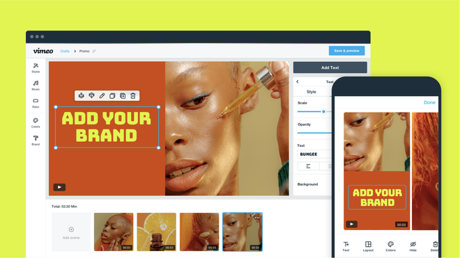 Interfaccia dell’editor video online Vimeo Create per la creazione di contenuti social