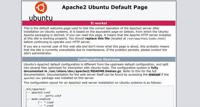 Pagina «Apache2 Ubuntu Default Page» aperta nel browser dopo l’installazione