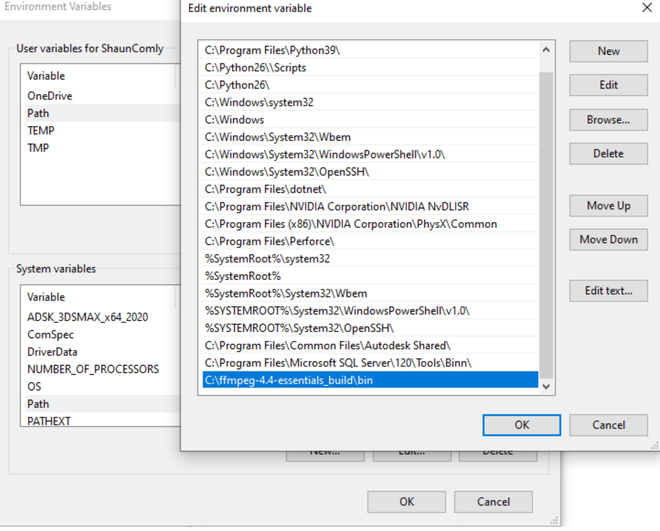 Finestra Variabili d’ambiente di Windows con il percorso della cartella bin di FFmpeg aggiunto a Path