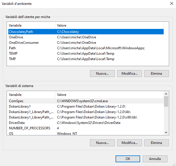 Finestra Variabili d’ambiente di Windows con la voce Path fra le variabili utente