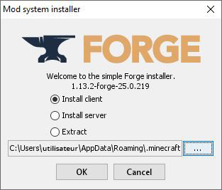 Finestra del programma di installazione del mod loader con l'opzione Install client selezionata