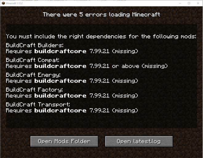 Schermata del mod loader che elenca le mod in errore con la dipendenza mancante evidenziata