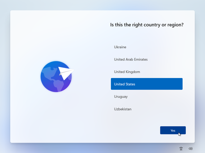 Schermata di selezione del paese durante l’installazione offline di Windows 11