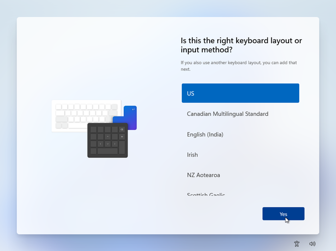 Conferma del layout di tastiera nell’installazione di Windows 11 offline