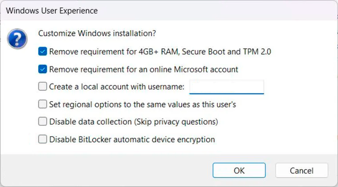 Finestra di personalizzazione di Rufus con la spunta su Rimuovi il requisito di un account Microsoft online