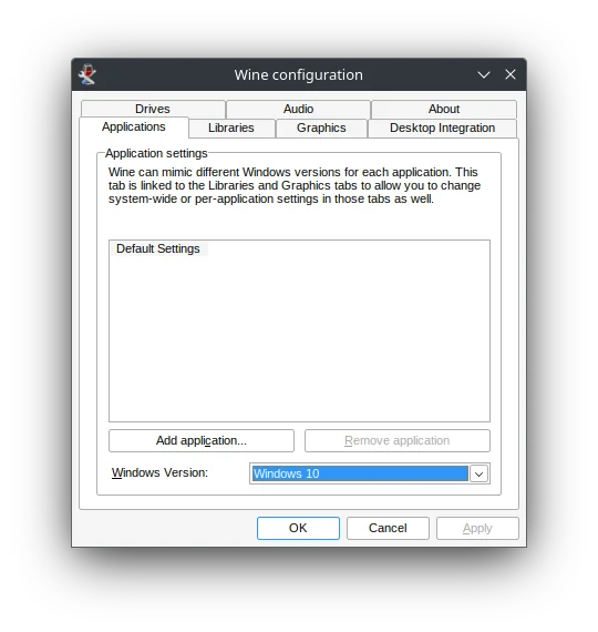 Finestra di configurazione di Wine aperta sulla scelta della versione di Windows da simulare
