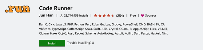 Quick start of scripts in various programming languages via Code Runner