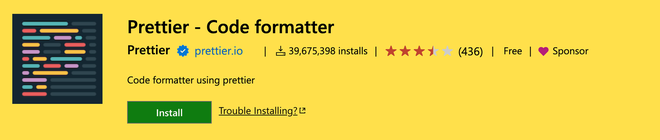 Prettier extension settings for automatic source code formatting