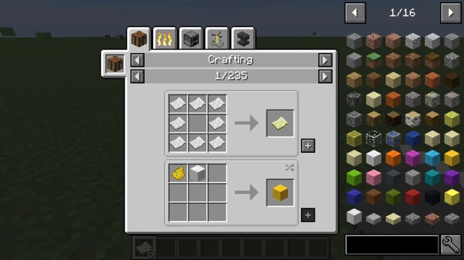 Juste assez d’éléments interface dans Minecraft avec des recettes d’artisanat et grille d’inventaire