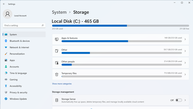 Pagina Archiviazione di Windows 11 con le barre delle categorie app, documenti e file temporanei