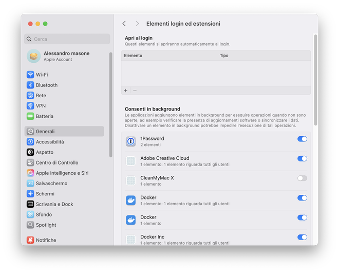 Schermata delle Impostazioni di Sistema per la gestione degli elementi di login su macOS Ventura