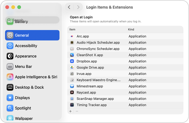 Pannello Elementi login ed estensioni delle Impostazioni di macOS con le app aperte al login