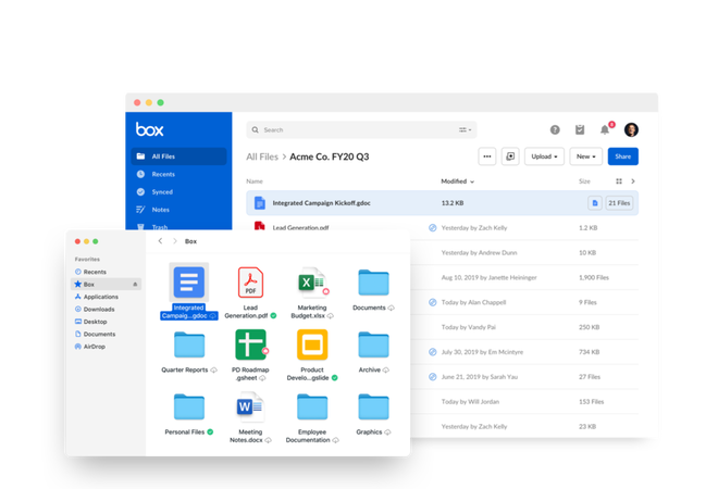 Interfaccia aziendale di Box, cloud storage ottimizzato per team e imprese