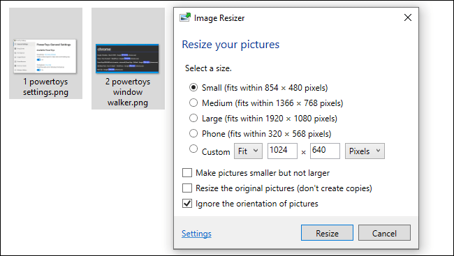 Finestra di dialogo di Image Resizer per cambiare la risoluzione delle immagini su Windows 11