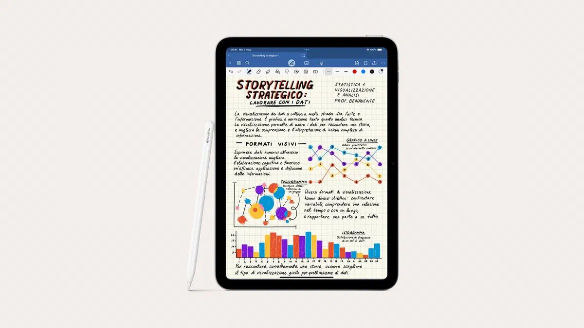 iPad con Apple Pencil appoggiata sopra una pagina di appunti scritti a mano