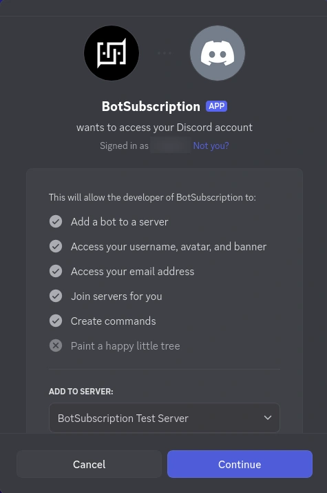 Finestra di autorizzazione di Discord con l'elenco dei permessi richiesti da un bot prima dell'invito
