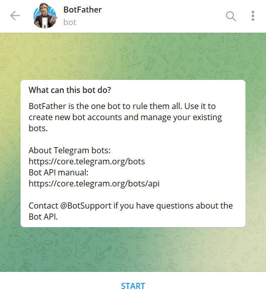 Conversazione con BotFather, il bot ufficiale di Telegram che guida la creazione di un nuovo bot