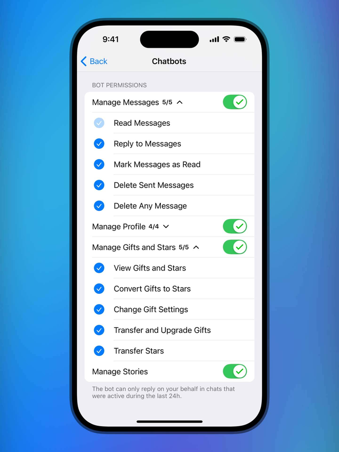 Pannello di Telegram su iPhone con i permessi concessi a un chatbot collegato a Telegram Business