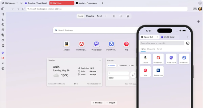 Pagina iniziale di Vivaldi su computer e smartphone con i collegamenti rapidi