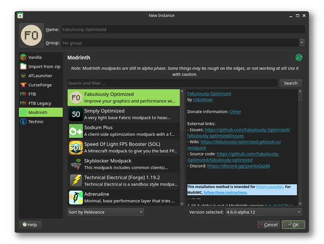Finestra Nuova istanza di Prism Launcher con i modpack di Modrinth da installare