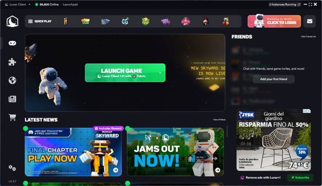 Hauptschnittstelle und grafische Einstellungen des Lunar Client für Minecraft