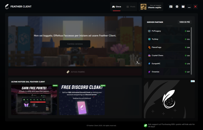 Feather Client Anpassungs- und Managementmenü für Minecraft