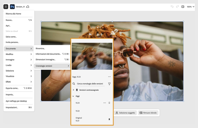 Cronologia delle versioni di un documento cloud in Photoshop con le revisioni salvate e il ripristino