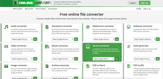 Homepage e interfaccia principale del convertitore gratuito Online-Convert.com