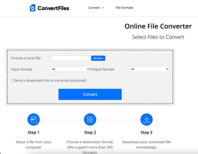 Schermata di caricamento documenti e file multimediali sulla piattaforma ConvertFiles