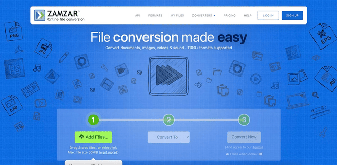 Interfaccia della homepage di Zamzar con indicazione dei tre passaggi di conversione