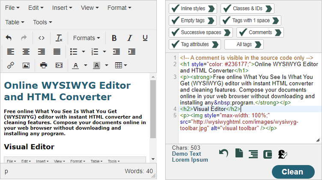 Strumento online di pulizia dell’HTML con l’editor visuale a sinistra e il codice pieno di stili in linea a destra