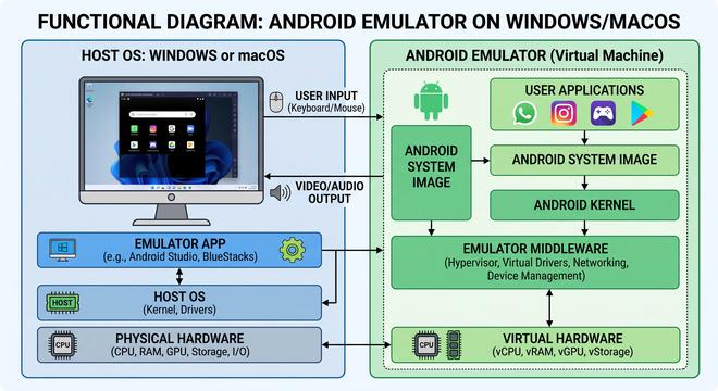 Diagramma che mostra come un emulatore Android ricrea un dispositivo Android virtuale dentro Windows o macOS