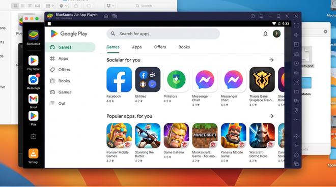 Interfaccia di BlueStacks Air su Mac con Google Play Store aperto