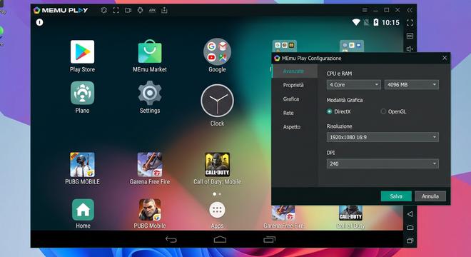 Schermata principale di MEmu Play su Windows con pannello di configurazione aperto